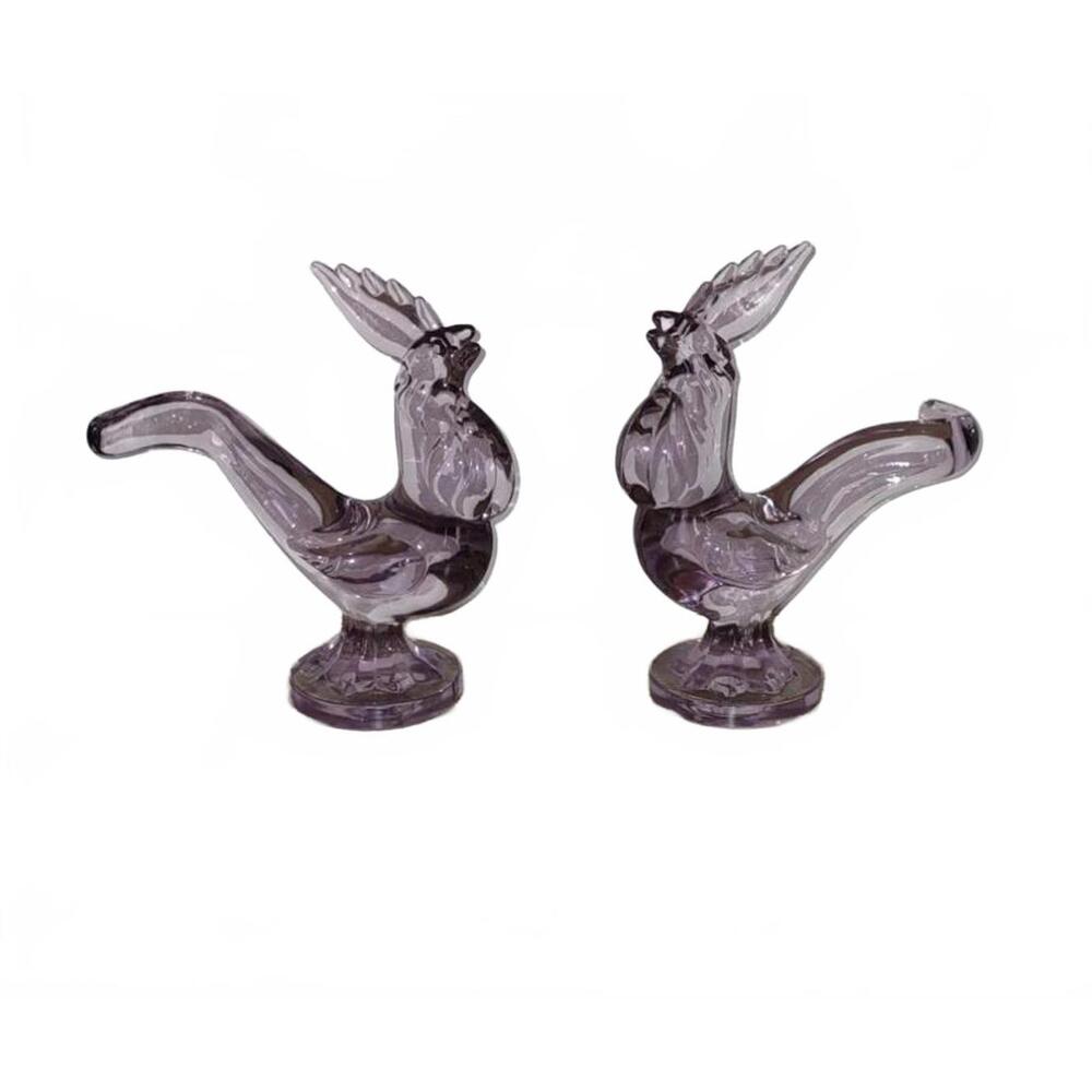 Pair New Martinsville Glass Co Amethyst Glass Barnyard Series Rooster figurines